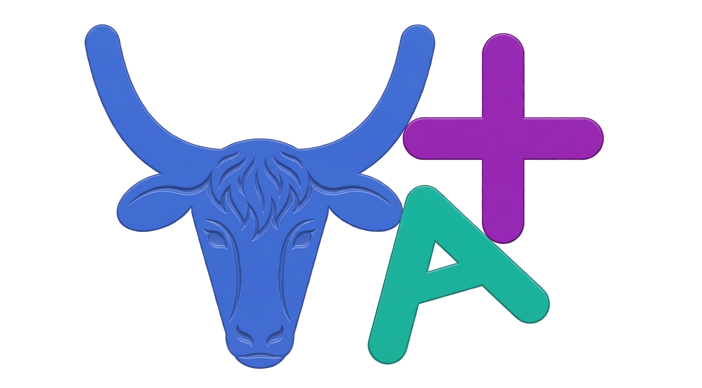 Logo yax : un yack bleu formant le Y, un A vert incliné, un + violet